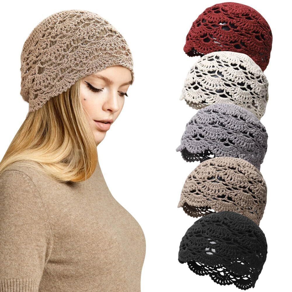 2883 5Pcs Crochet Slouchy Beanie Hat Fall Handmade Knit Floral Skull Cap